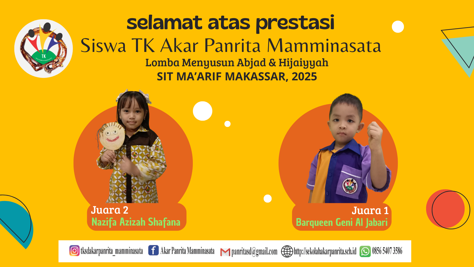Juara 1 & 2 Lomba Menyusun Abjad dan Hijaiyyah Tingkat TK, SIT MA'ARIF MAKASSAR, 2025